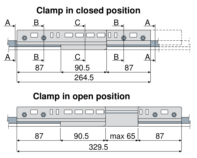 Part 1549 dimension drawing — clamp in closed and open position