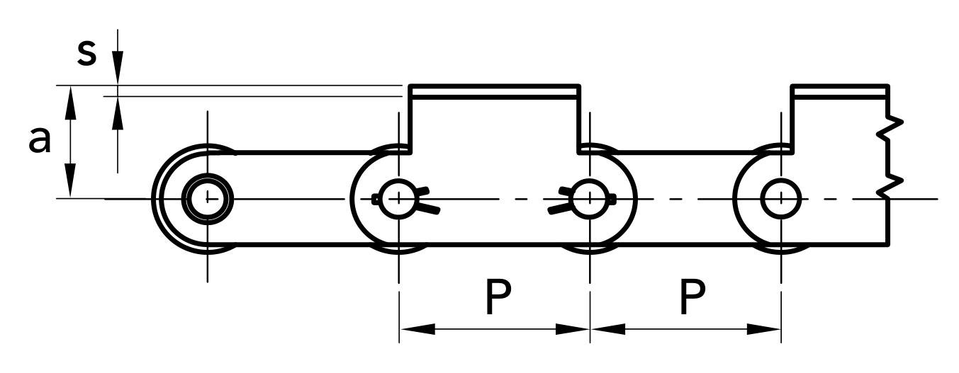 Chiaravalli CRT Transport Chain 1.1205 K1-02 (Solid Coupling Pins with Attachments) — dimension drawing (1 of 2)