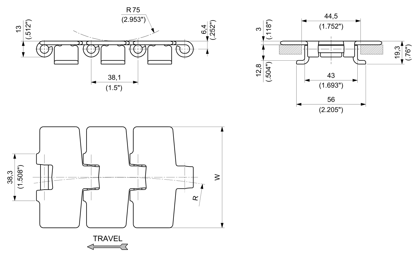 SS 881T Series dimension drawing — Regina Conveyor Catalogue p38