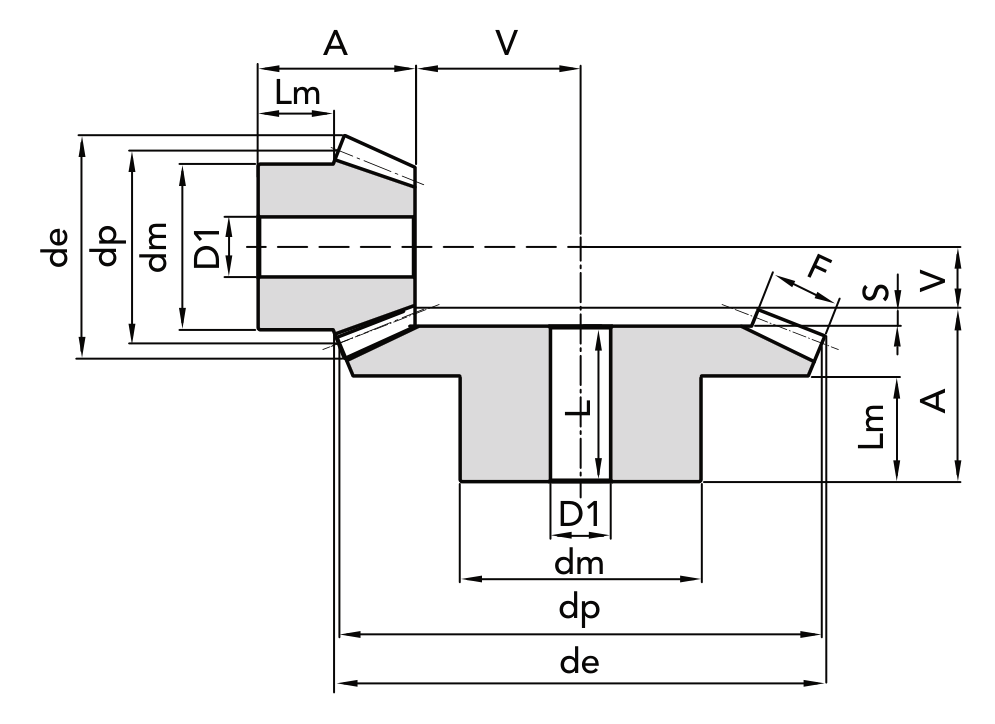 Chiaravalli Special Bevel Gear M2.5 1:2.5 — dimension drawing