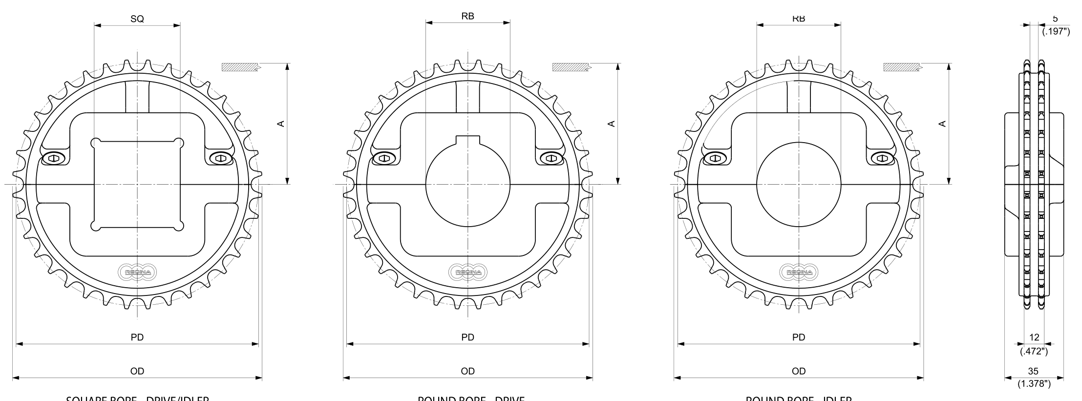 Moulded Split Drive and Idler Sprockets — 600 Series dimension drawing — Regina Conveyor Catalogue p193
