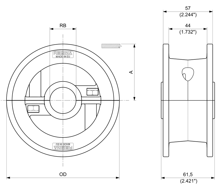 Moulded Split Idler Wheels — 250 Series dimension drawing — Regina Conveyor Catalogue p195