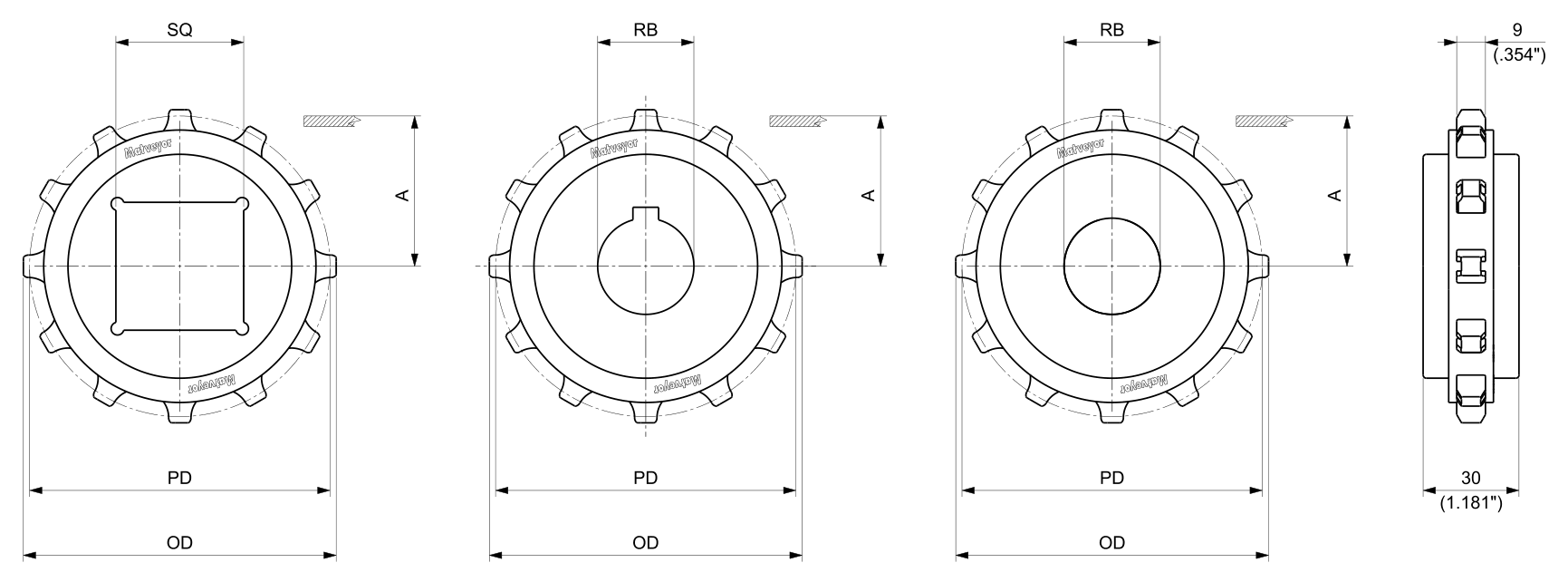 Moulded Solid Drive and Idler Sprockets — 1010 Series dimension drawing — Regina Conveyor Catalogue p215
