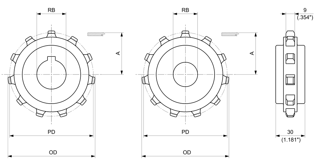 Machined Solid Drive and Idler Sprockets — 1010 Series dimension drawing — Regina Conveyor Catalogue p218