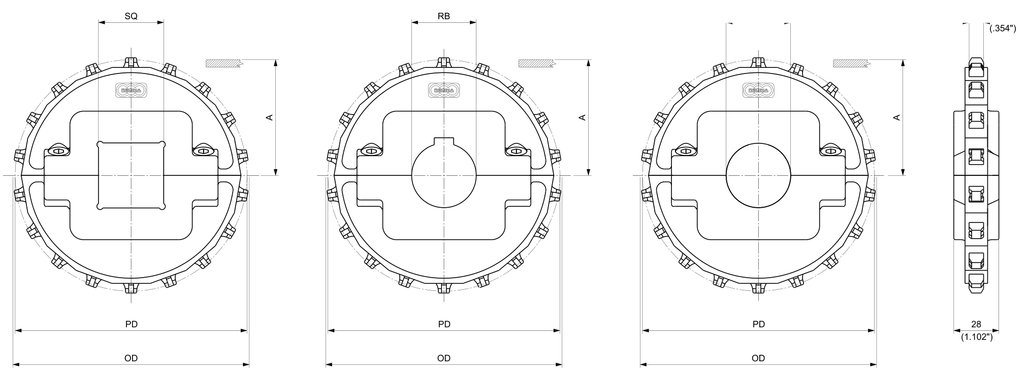 Moulded Split Drive and Idler Sprockets — 1010 Series dimension drawing — Regina Conveyor Catalogue p219