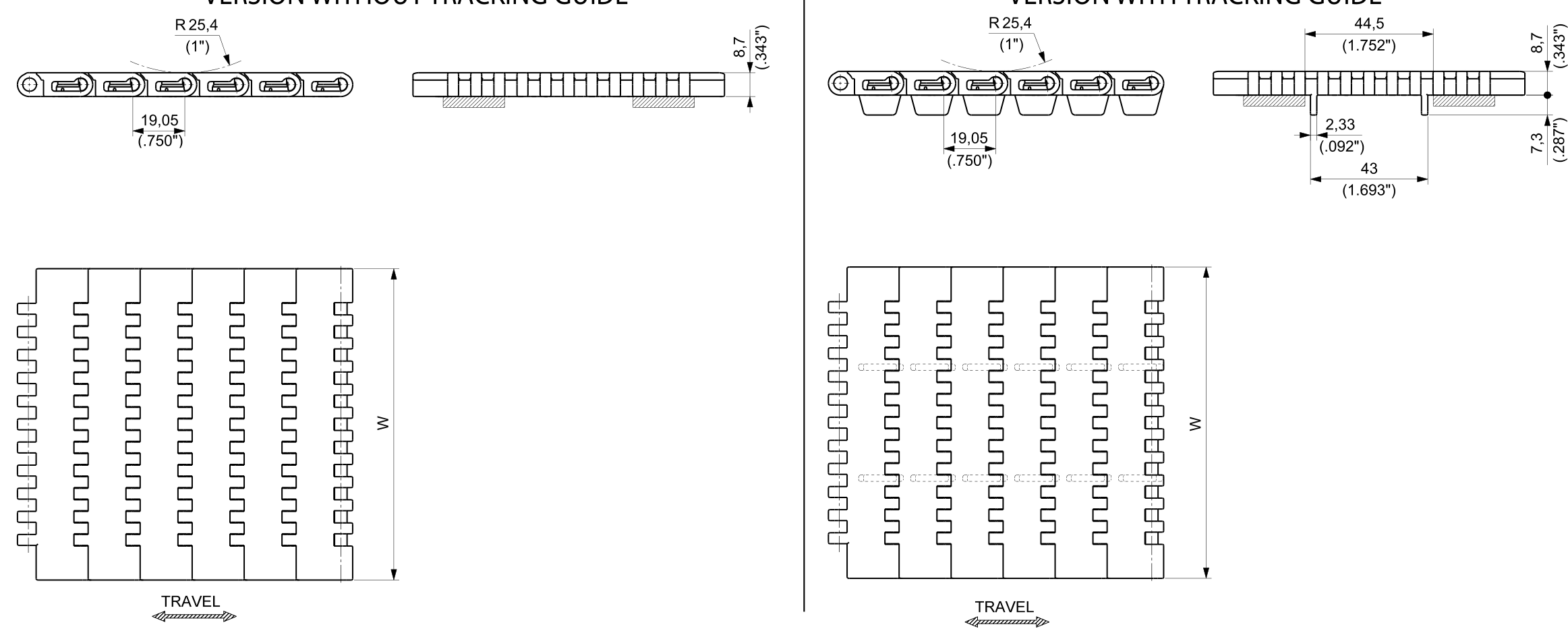 UP 7300 Series Chain dimension drawing — Regina Conveyor Catalogue p224