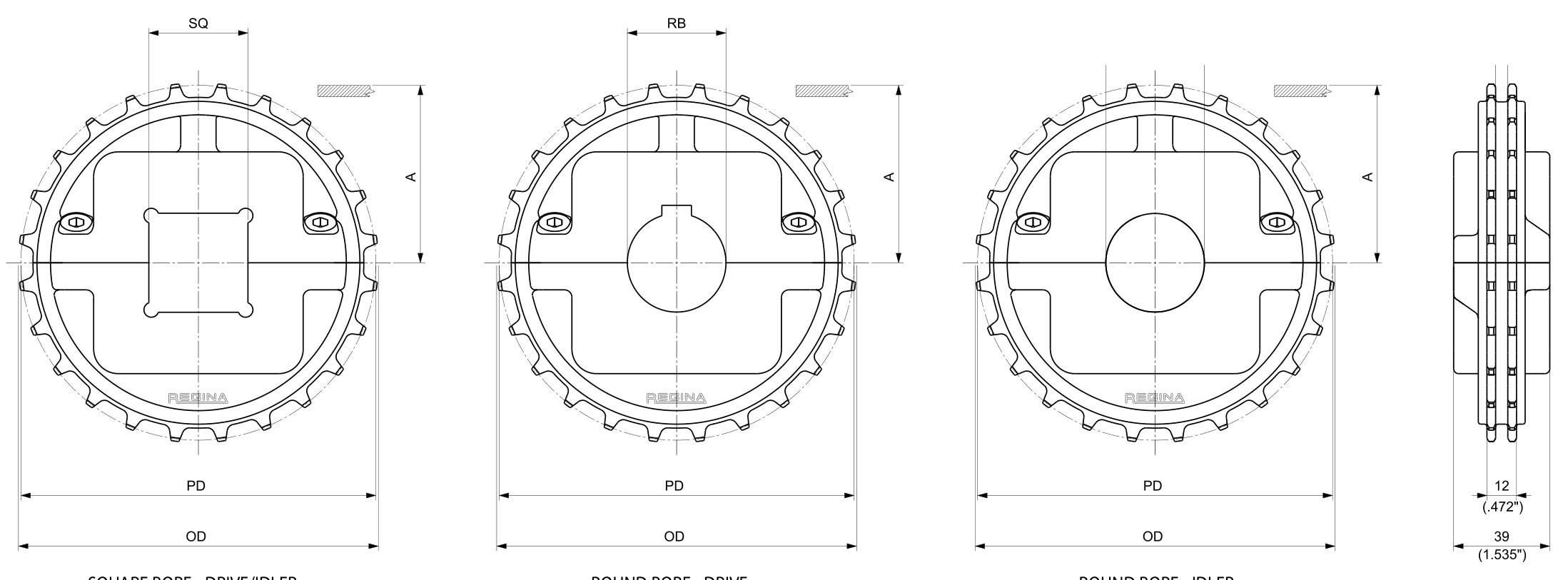 Moulded Split Drive and Idler Sprockets — 7300 Series dimension drawing — Regina Conveyor Catalogue p229