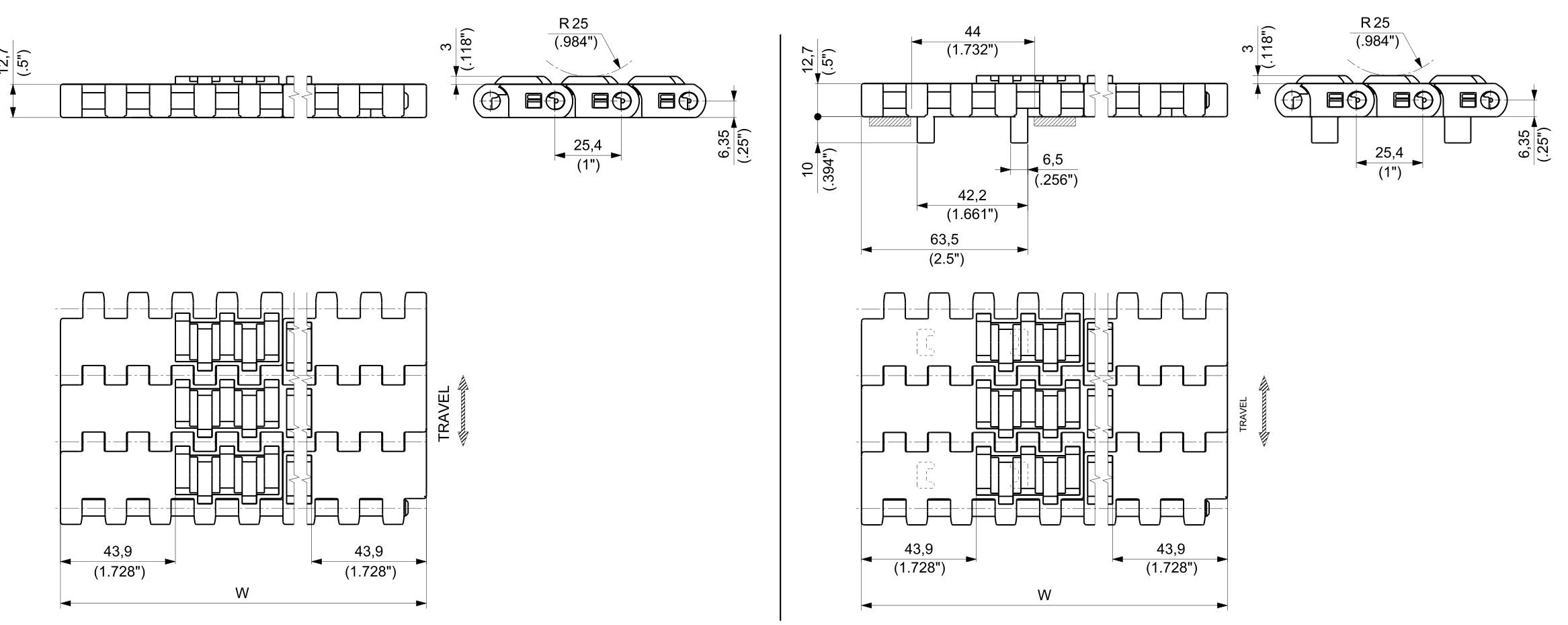 PP HFS USPM Series dimension drawing — Regina Conveyor Catalogue p239