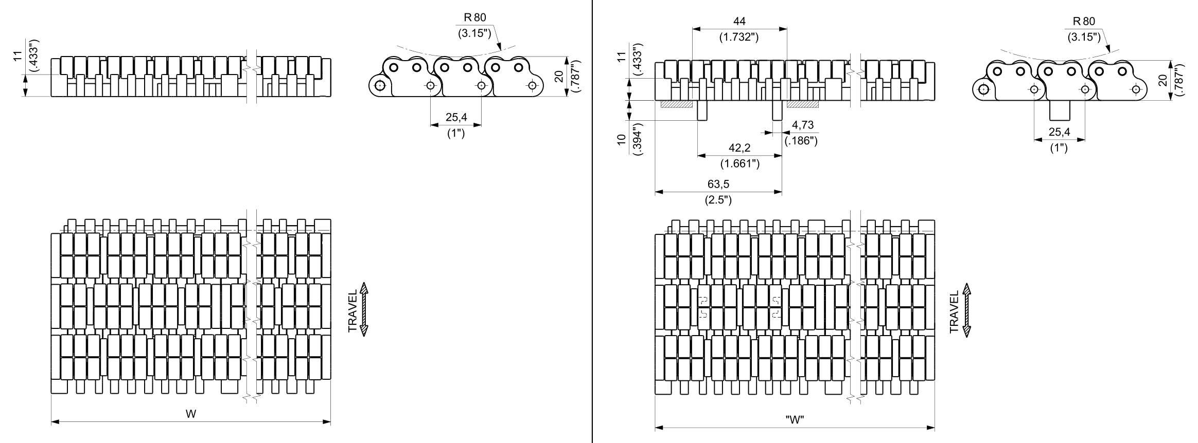 UP LBP XSPM Series dimension drawing — Regina Conveyor Catalogue p240