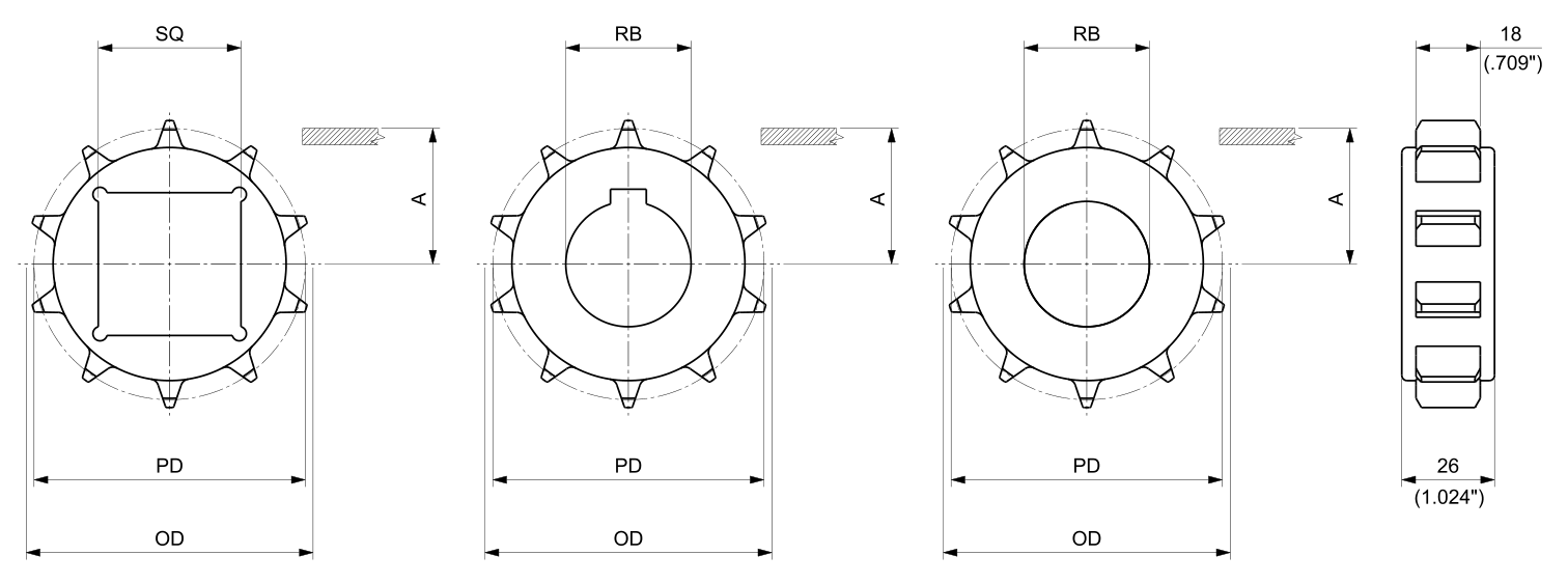 Machined Solid Drive and Idler Sprockets — USP Series dimension drawing — Regina Conveyor Catalogue p244