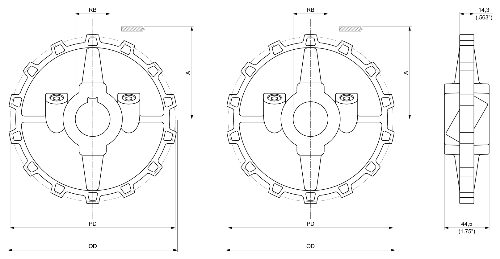 Moulded Split Drive and Idler Sprockets — UCC Series dimension drawing — Regina Conveyor Catalogue p298