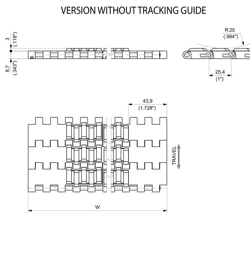 PP HFS 1600 Series dimension drawing (without tracking guide) — Regina Conveyor Catalogue p210