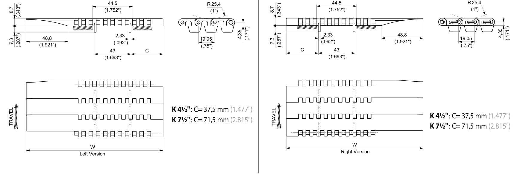 UP 7300G ATM Series dimension drawing — Regina Conveyor Catalogue p226