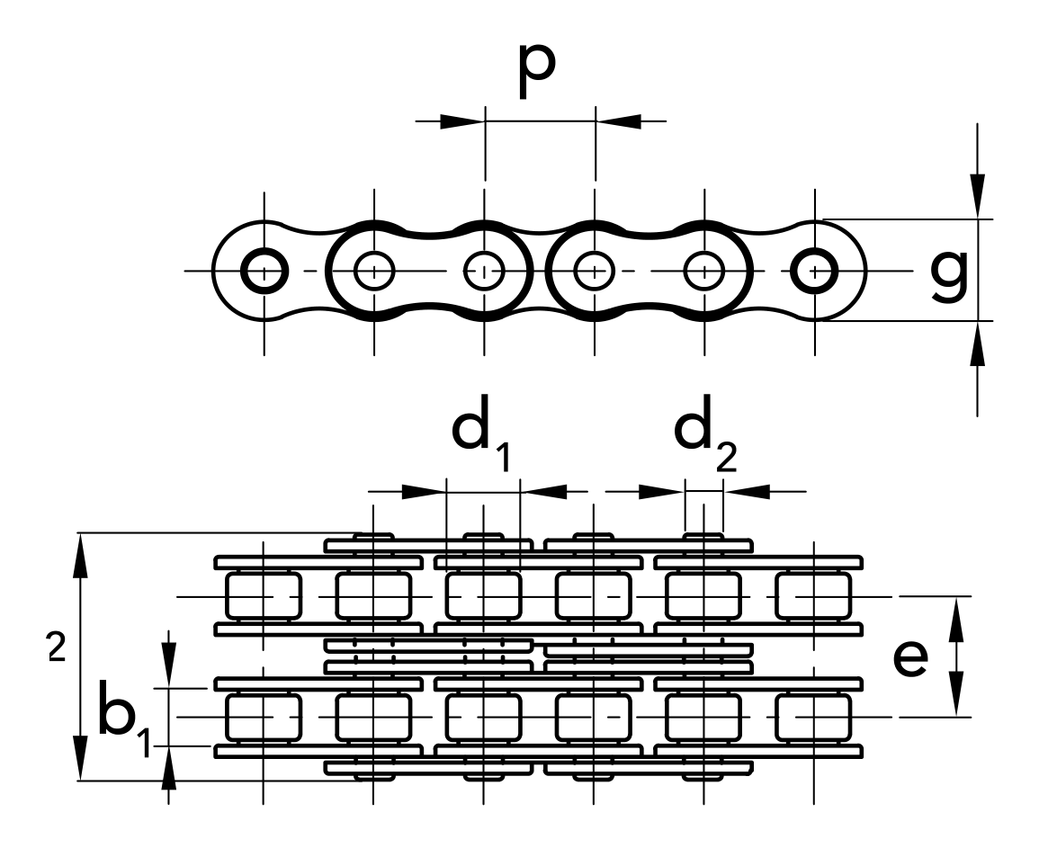 Chiaravalli XRC Stainless Roller Chain SS06B-2 Duplex — dimension drawing