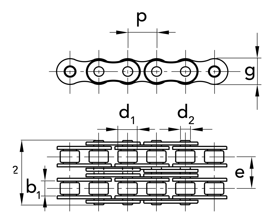 Chiaravalli XRC Nickel-Plated Roller Chain NP16B-2 Duplex — dimension drawing