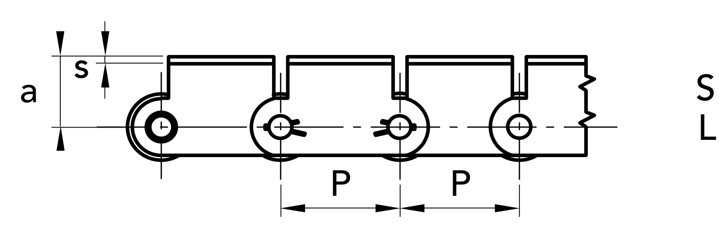 Chiaravalli CRT Transport Chain 1.1205 A1-01 (Solid Coupling Pins with Attachments) — dimension drawing (1 of 2)