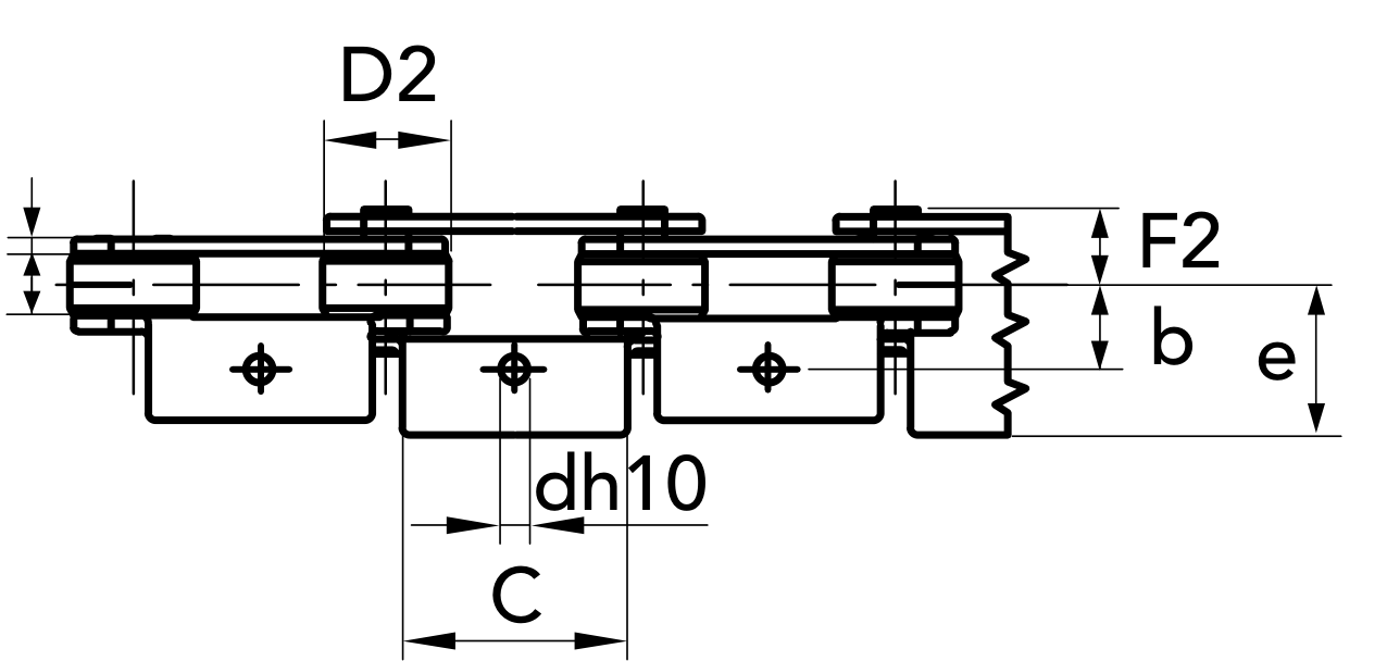Chiaravalli CRT Transport Chain 1.1205 A1-01 (Solid Coupling Pins with Attachments) — dimension drawing (2 of 2)