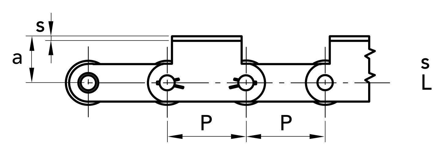 Chiaravalli CRT Transport Chain 1.1400 A3-02 (Solid Coupling Pins with Attachments) — dimension drawing (1 of 2)