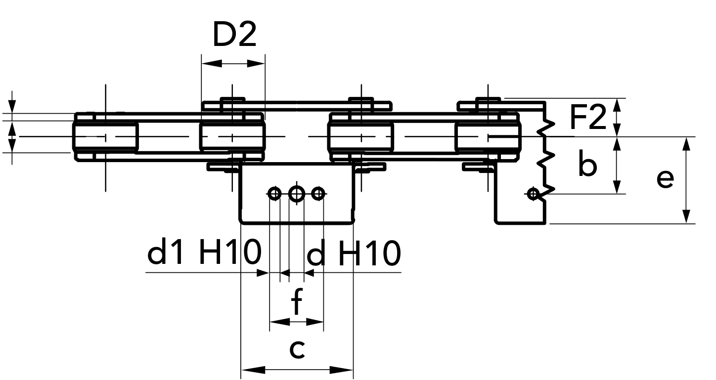 Chiaravalli CRT Transport Chain 1.1205 A1-02 (Solid Coupling Pins with Attachments) — dimension drawing (2 of 2)