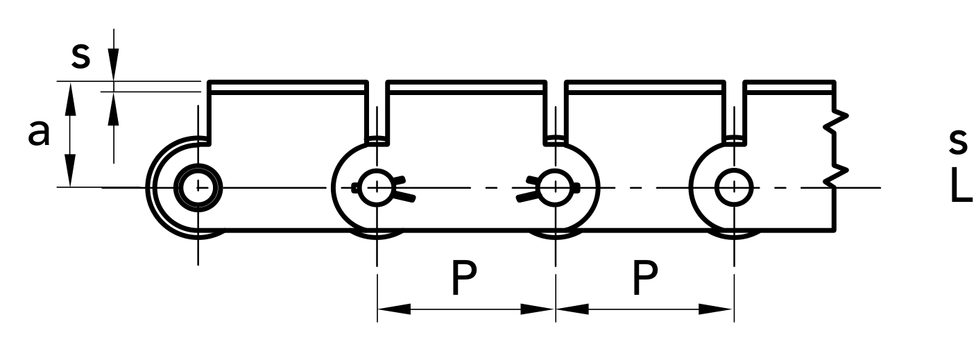 Chiaravalli CRT Transport Chain 1.1205 K1-01 (Solid Coupling Pins with Attachments) — dimension drawing (1 of 2)