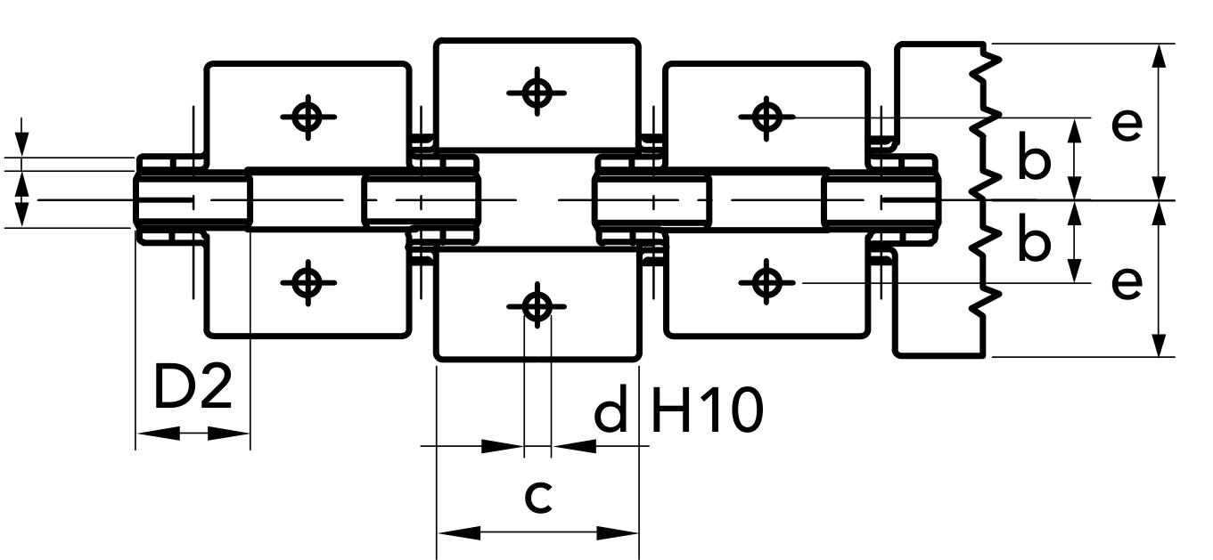 Chiaravalli CRT Transport Chain 1.1205 K1-01 (Solid Coupling Pins with Attachments) — dimension drawing (2 of 2)
