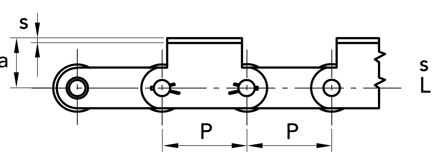 Chiaravalli CRT Transport Chain 1.1205 K1-02 (Solid Coupling Pins with Attachments) — dimension drawing (1 of 2)