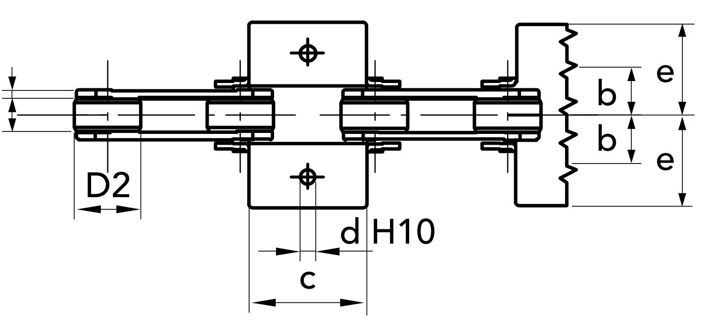 Chiaravalli CRT Transport Chain 1.1205 K1-02 (Solid Coupling Pins with Attachments) — dimension drawing (2 of 2)