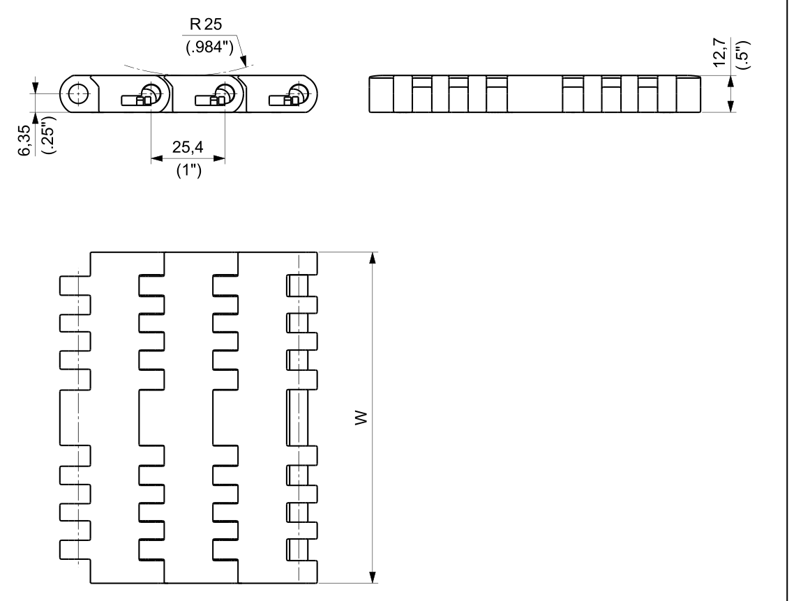 D2K 1305 Series Chain dimension drawing (without tracking guide) — Regina Conveyor Catalogue p247