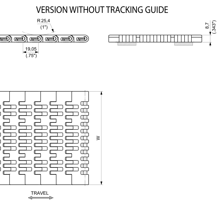 D2K 7200 Series Chain dimension drawing (without tracking guide) — Regina Conveyor Catalogue p227