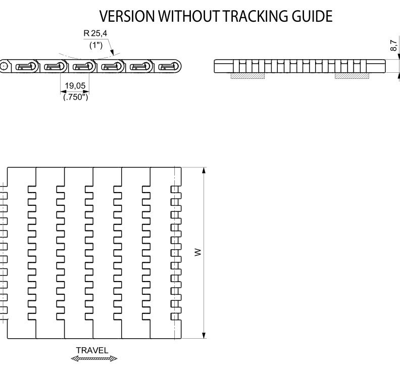 EF 7300 Series Chain dimension drawing (without tracking guide) — Regina Conveyor Catalogue p224
