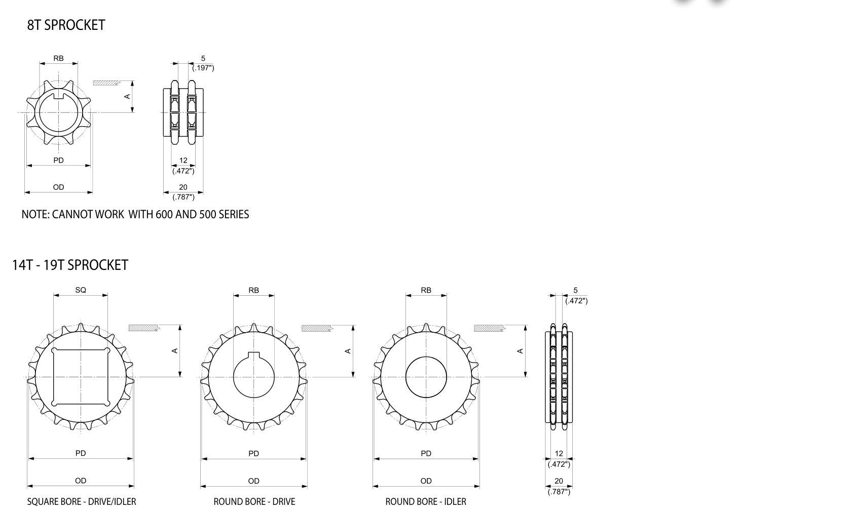 Machined Solid Drive and Idler Sprockets — 600 Series dimension drawing — Regina Conveyor Catalogue p192