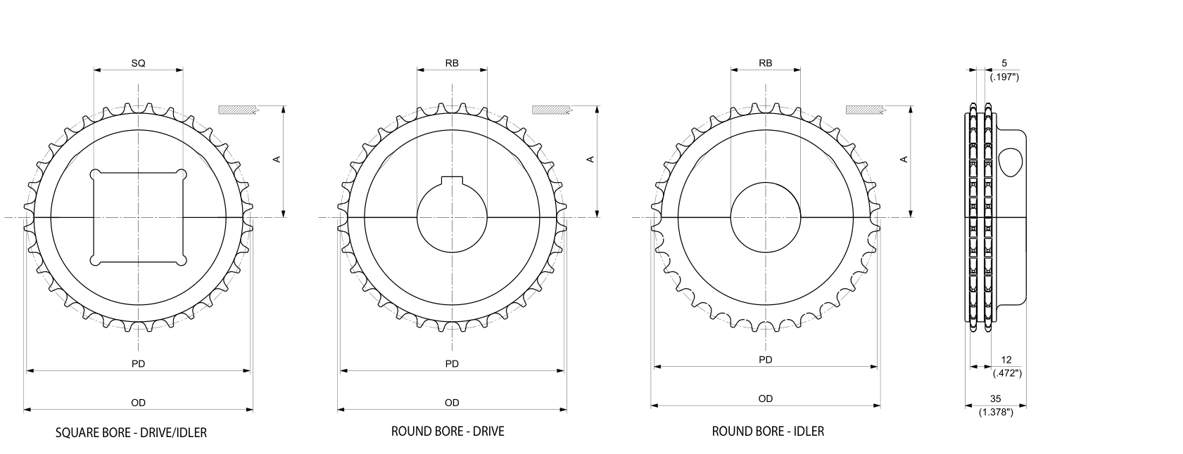 Machined Split Drive and Idler Sprockets — 600 Series dimension drawing — Regina Conveyor Catalogue p194