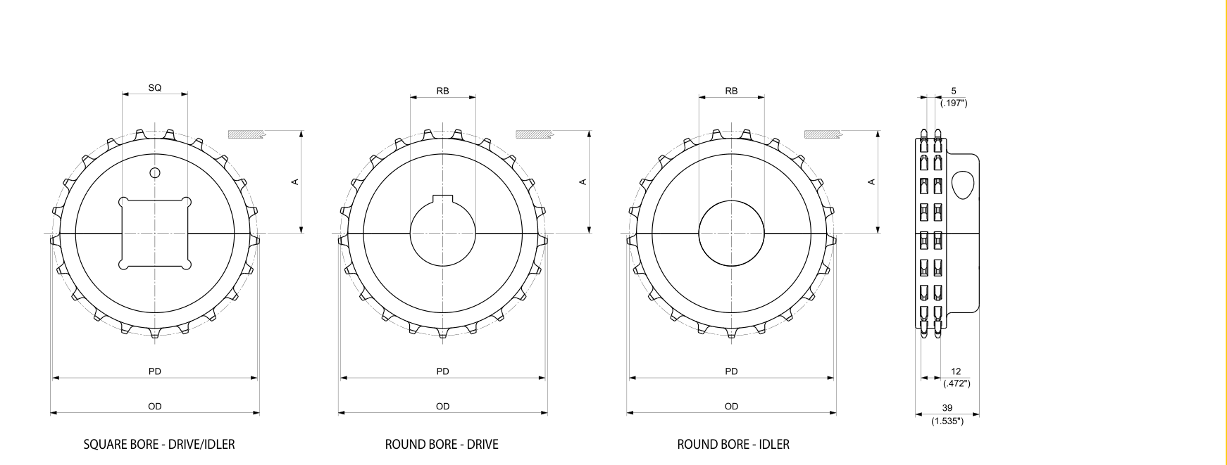 Machined Split Drive and Idler Sprockets — 7300 Series dimension drawing — Regina Conveyor Catalogue p231