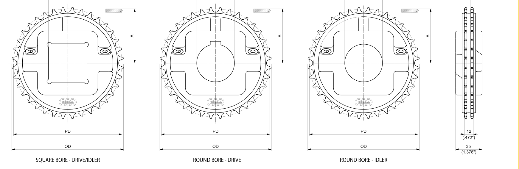 Moulded Split Drive and Idler Sprockets — 600 Series dimension drawing — Regina Conveyor Catalogue p193