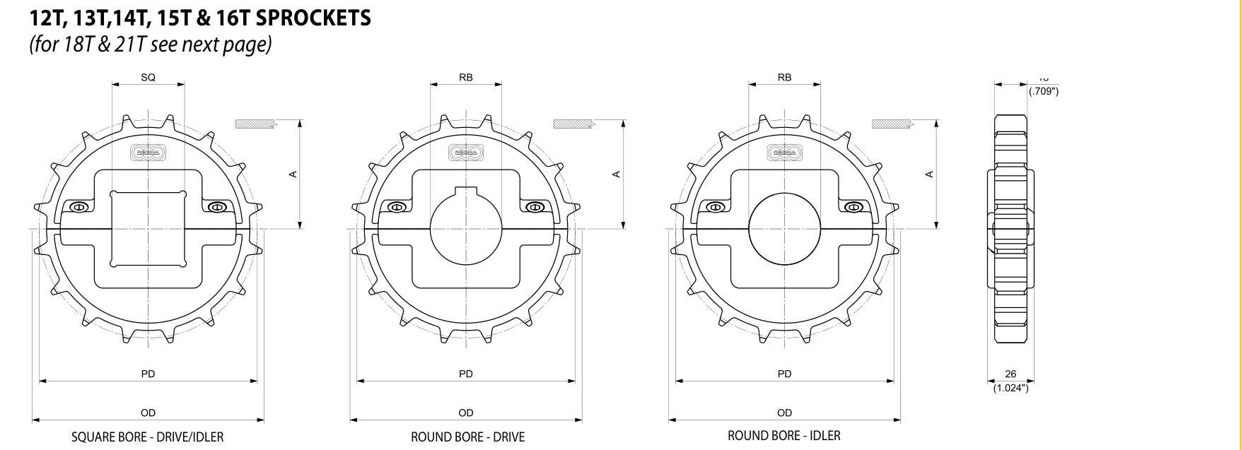 Moulded Split Drive and Idler Sprockets — USP Series dimension drawing — Regina Conveyor Catalogue p245