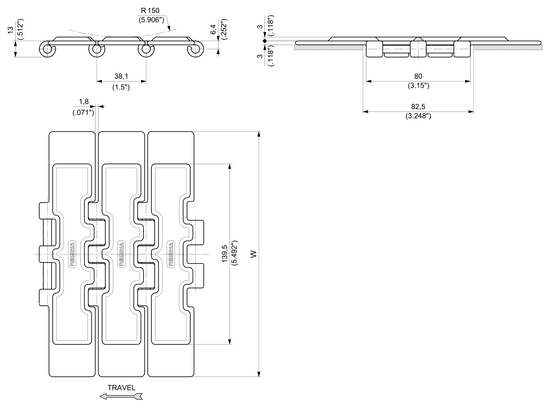 PHDG 2815 Series dimension drawing — Regina Conveyor Catalogue p45