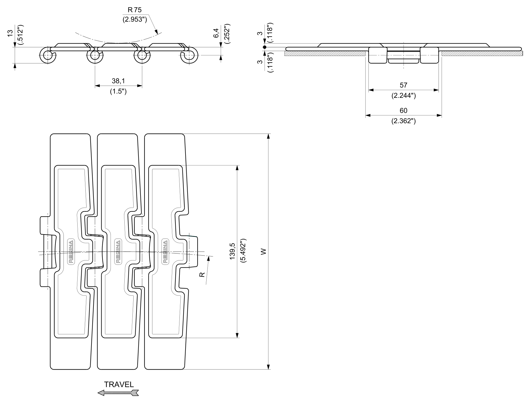 PHDG 9857M Series dimension drawing — Regina Conveyor Catalogue p49
