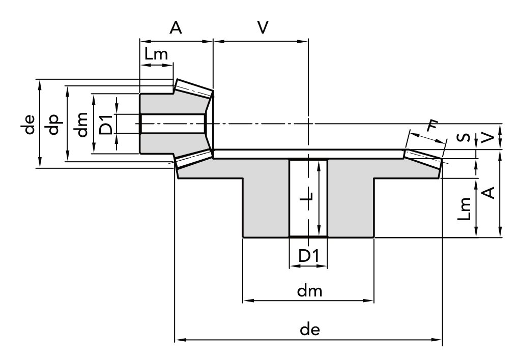 Chiaravalli Special Bevel Gear M2.5 1:3.5 — dimension drawing