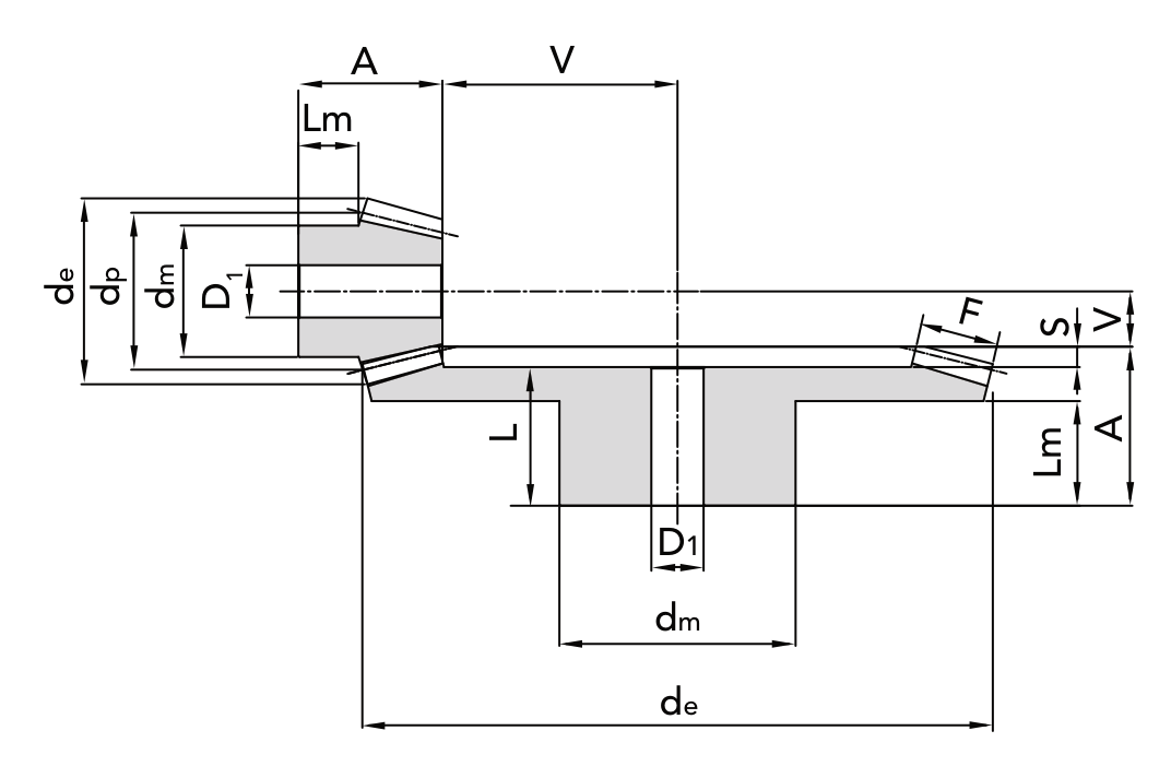 Chiaravalli Special Bevel Gear M5 1:4 — dimension drawing