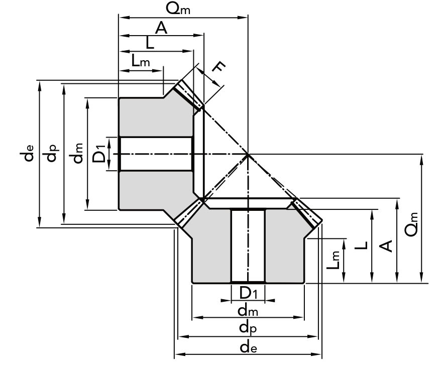 Chiaravalli Spiral Bevel Gear M2 1:1 — dimension drawing