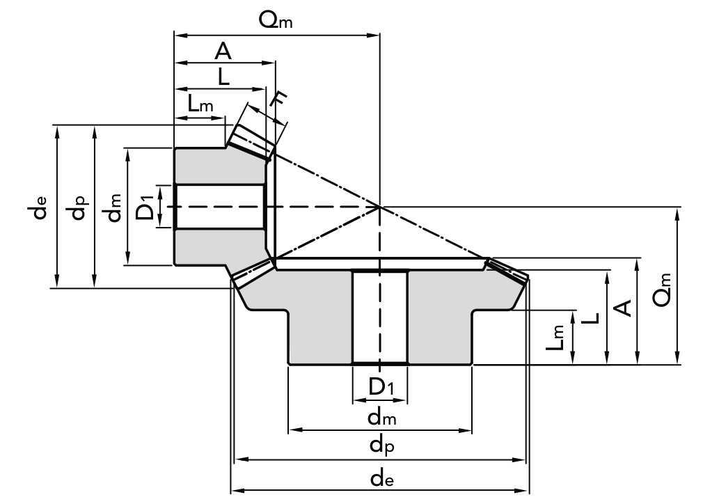 Chiaravalli Spiral Bevel Gear M3 1:2 — dimension drawing
