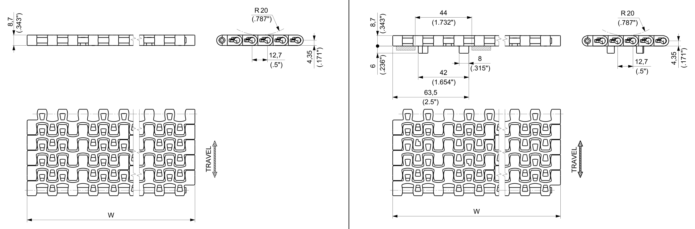 UP 500 Series dimension drawing — Regina Conveyor Catalogue p174