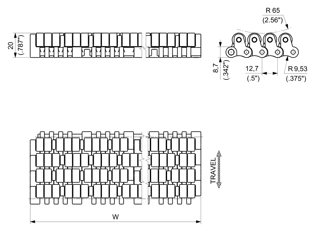 UP LBP 610 Series dimension drawing (without tracking guide) — Regina Conveyor Catalogue p177