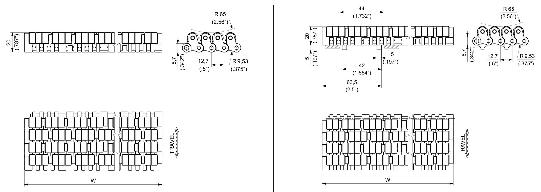 UP LBP 610 Series dimension drawing — Regina Conveyor Catalogue p177