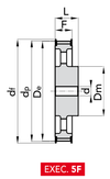 Chiaravalli Timing Pulley H 100 — Pilot Bore (1/2″ pitch) — EXEC. 5F dimension drawing