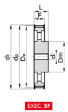 Chiaravalli Timing Pulley H 150 — Pilot Bore (1/2″ pitch) — EXEC. 5F dimension drawing