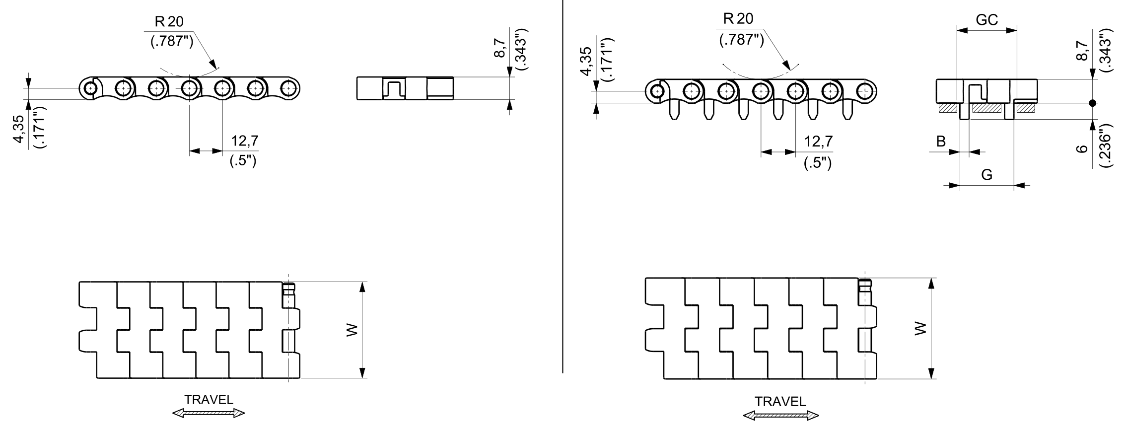 UP 611 Series dimension drawing — Regina Conveyor Catalogue p185