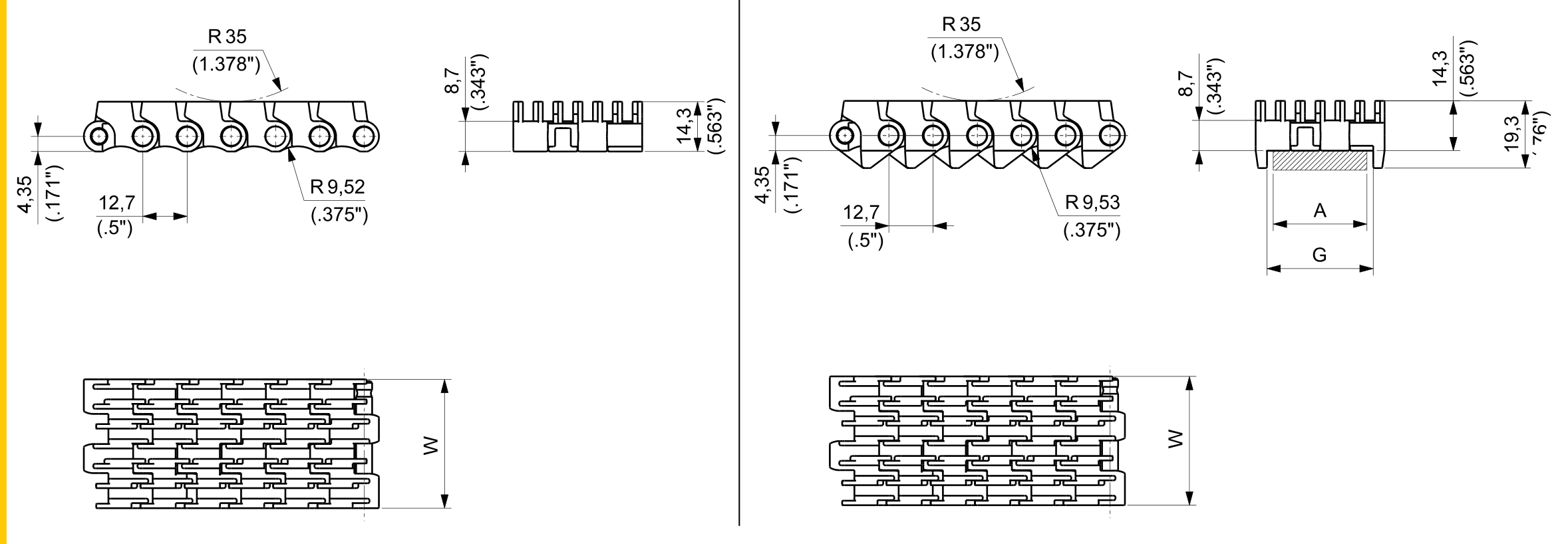 UP RR 611 Series dimension drawing — Regina Conveyor Catalogue p186