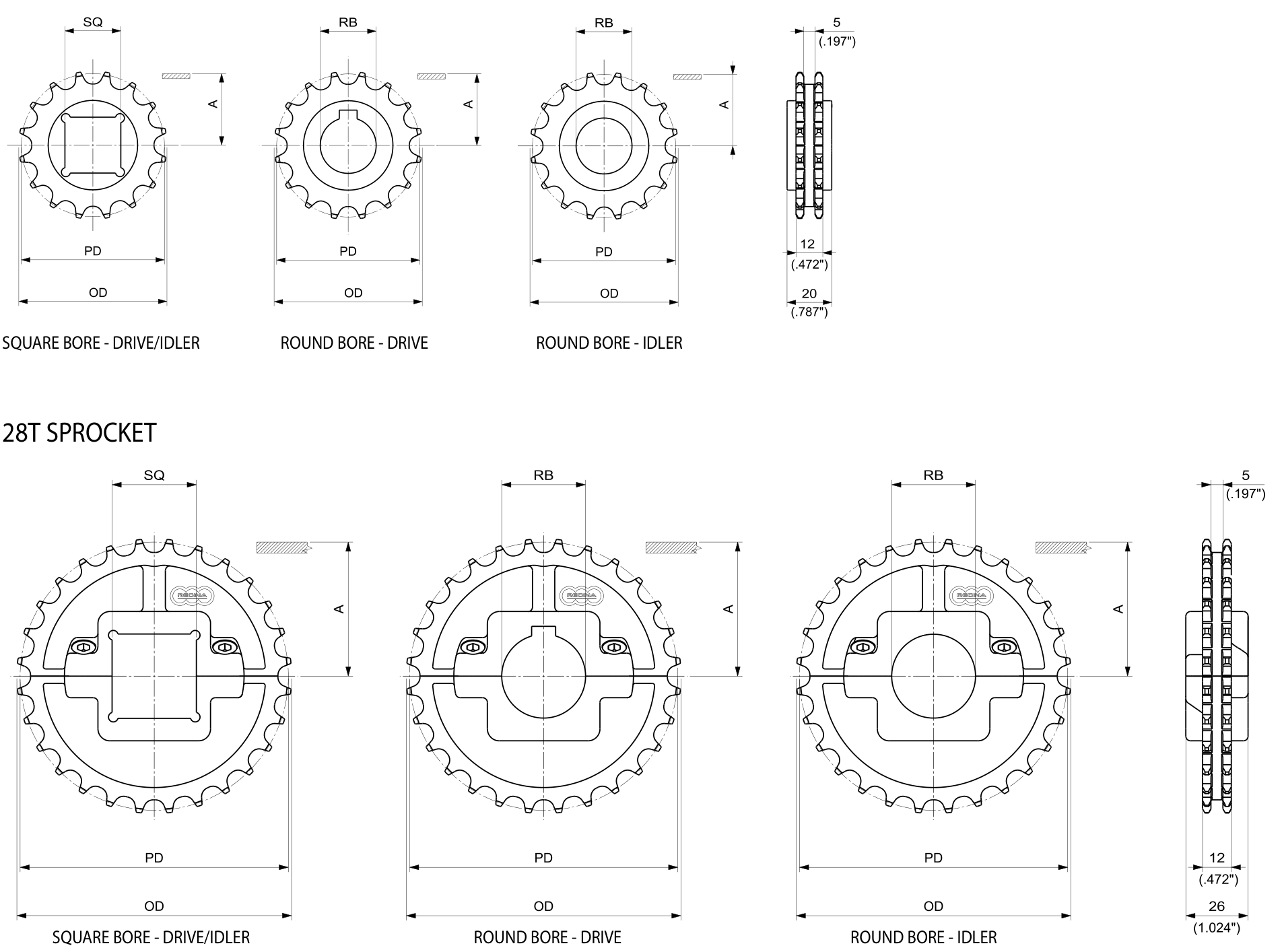 Moulded Split Drive and Idler Sprockets — 611 Series dimension drawing — Regina Conveyor Catalogue p190