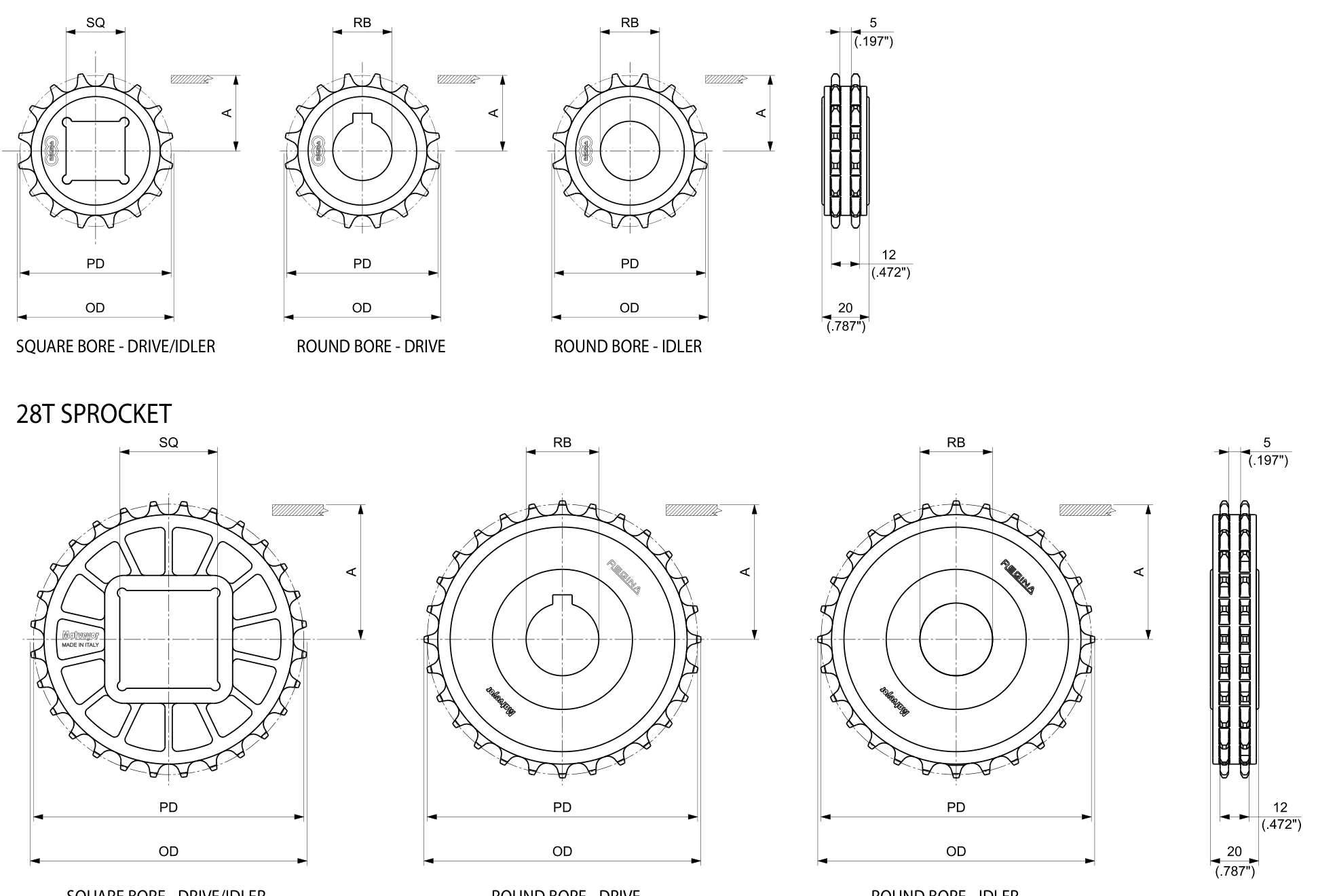 Moulded Solid Drive and Idler Sprockets — 600 Series dimension drawing — Regina Conveyor Catalogue p191